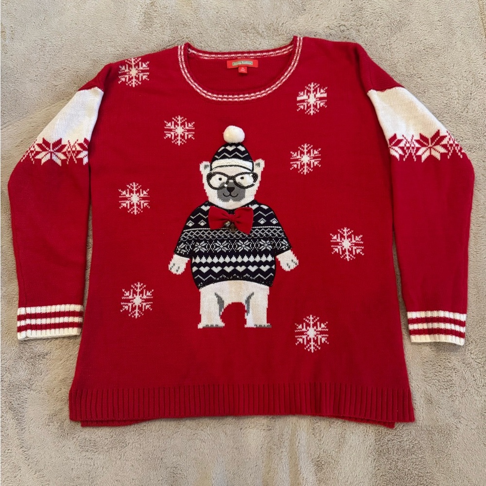 Red Holiday Traditions Women’s Sweater with Polar Bear Design XL